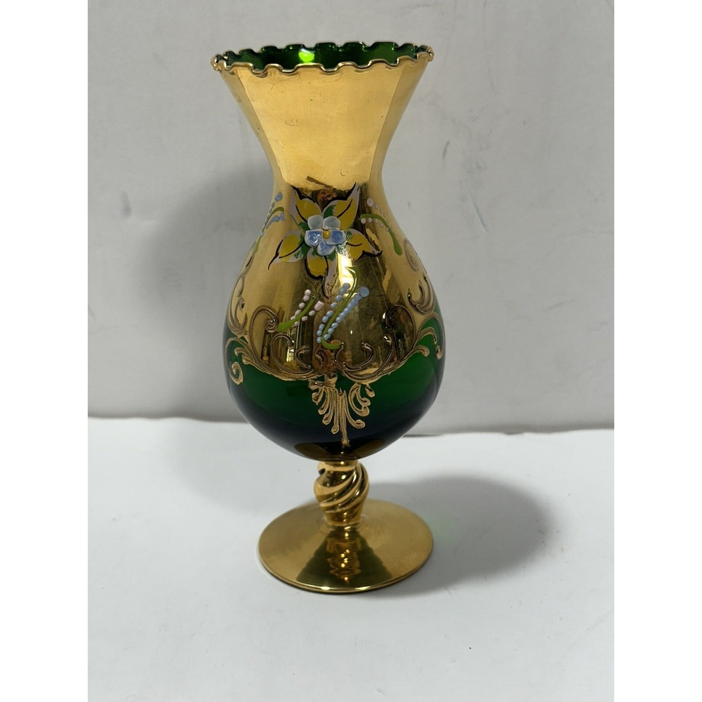 Venetian Glass Vintage Emerald Green 6" Vase W/ Enamel Flowers Gold Base Accents